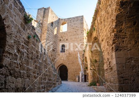 Gate to castle in Kyrenia old harbour without tourists, Northern Cyprus 124037399
