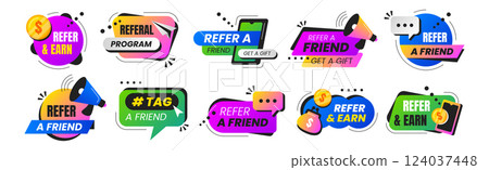 Refer a friend badges, referral program stickers or marketing design labels Refer a friend badges, referral program stickers or marketing design labels 124037448