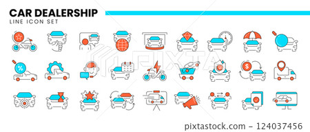 Auto dealership thin line icons, automotive industry linear symbols 124037456