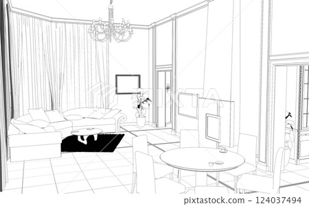 interior contour visualization, 3D illustration, sketch, outline interior contour visualization, 3D illustration, sketch, outline 124037494