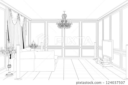 interior contour visualization, 3D illustration, sketch, outline interior contour visualization, 3D illustration, sketch, outline 124037507