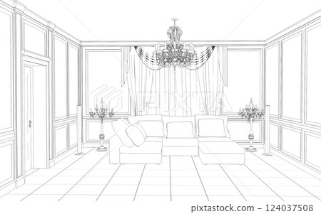 interior contour visualization, 3D illustration, sketch, outline 124037508