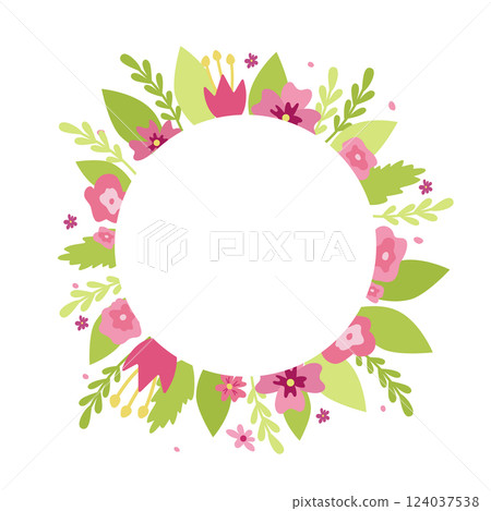 Flower frame in the shape of a circle. Delicate pink flowers and green leaves. Vector illustration isolated. 124037538