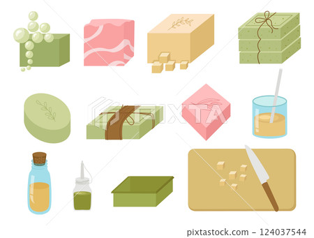 Handmade soap, base, oil, flavor, packaged pieces, twine, tools, bubbles, for making. Natural cosmetics. Vector illustration for soap making, social networks, website, packaging design. Handmade soap, base, oil, flavor, packaged pieces, twine, tools, bubbles, for making. Natural cosmetics. Vector illustration for soap making, social networks, website, packaging design. 124037544