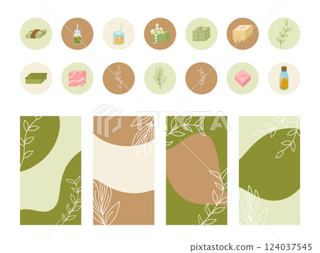 Templates of highlights and stories for social networks of soap makers. Icons handmade soap, base, oil, flavor, packaging, twine, bubbles. Natural cosmetics, vector illustration. Templates of highlights and stories for social networks of soap makers. Icons handmade soap, base, oil, flavor, packaging, twine, bubbles. Natural cosmetics, vector illustration. 124037545