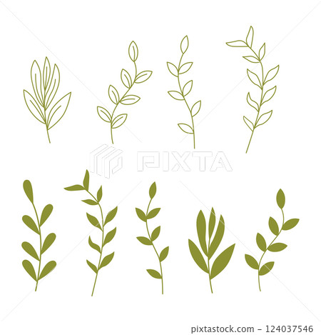 Set of abstract linear twigs with leaves Vector illustration for design, decor, postcards, invitations, packaging. 124037546