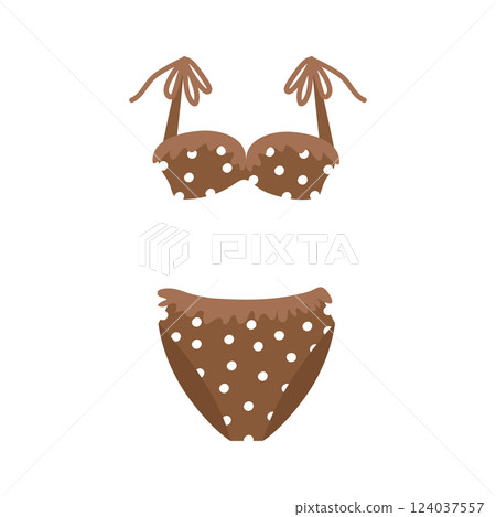 Separate women's swimsuit in brown polka dots with frilled cups and straps with ties. Fashionable illustration of clothes for sea holidays and sunbathing in hot summer. 124037557