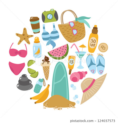 Summer sunny beach set of elements in the shape of a circle. Cocktails, surfboard, swimsuit, bag, slates, sunscreen, camera, coffee, fruit, glasses, ice cream. Vector collection of holiday cliparts. Summer sunny beach set of elements in the shape of a circle. Cocktails, surfboard, swimsuit, bag, slates, sunscreen, camera, coffee, fruit, glasses, ice cream. Vector collection of holiday cliparts. 124037573
