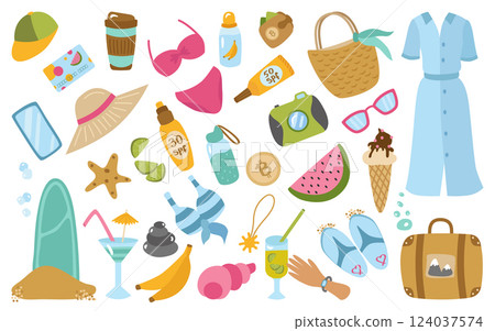 Summer sunny beach set of elements. Suitcase, cocktails, surfboard, swimsuit, bag, slates, sunscreen, camera, coffee, fruit, glasses, ice cream. Vector collection of holiday clipart. Summer sunny beach set of elements. Suitcase, cocktails, surfboard, swimsuit, bag, slates, sunscreen, camera, coffee, fruit, glasses, ice cream. Vector collection of holiday clipart. 124037574