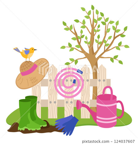 Spring gardening illustration. Tools on the background of a white fence and a flowering tree. Straw hat, watering can, rubber boots, hose. Vector items for agriculture. Spring gardening illustration. Tools on the background of a white fence and a flowering tree. Straw hat, watering can, rubber boots, hose. Vector items for agriculture. 124037607