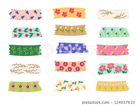 Washi tapes for a spring set with a floral pattern. For notes, organizer, planner, scrapbooking. Vector illustration in cartoon style for decoration, design or decor Washi tapes for a spring set with a floral pattern. For notes, organizer, planner, scrapbooking. Vector illustration in cartoon style for decoration, design or decor 124037610