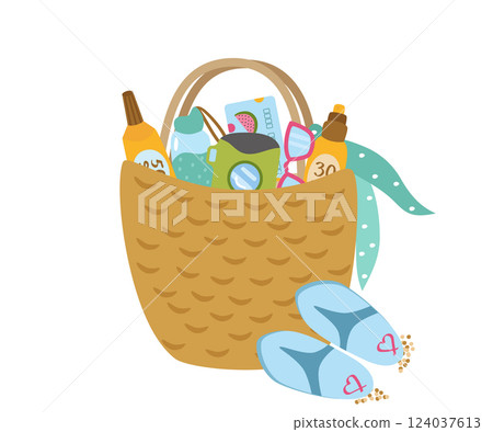 Beach wicker bag with things for relaxation. Sunscreen, water bottle, camera, glasses, credit card, slates, handkerchief. Vector illustration for a sunny summer. Beach wicker bag with things for relaxation. Sunscreen, water bottle, camera, glasses, credit card, slates, handkerchief. Vector illustration for a sunny summer. 124037613