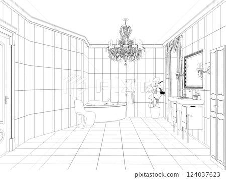 bathroom, contour visualization, 3D illustration, sketch, outline 124037623
