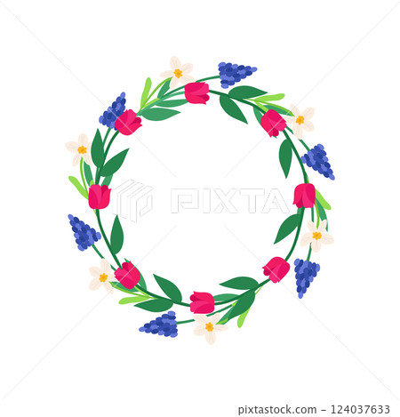 Spring colorful wreath of tulip flowers, muscari, daffodils. Festive vector illustration for ordering postcards, invitations. Rustic template for circle-shaped text Spring colorful wreath of tulip flowers, muscari, daffodils. Festive vector illustration for ordering postcards, invitations. Rustic template for circle-shaped text 124037633