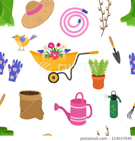 Seamless pattern gardening spring bright. Tools, gloves, wheelbarrow, dustpan, sprayer, rubber boots, flowers, hat, watering can, willow. Vector background for printing on paper, fabric, packaging. 124037640