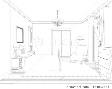 interior contour visualization, 3D illustration, sketch, outline 124037661