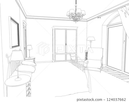 interior contour visualization, 3D illustration, sketch, outline interior contour visualization, 3D illustration, sketch, outline 124037662