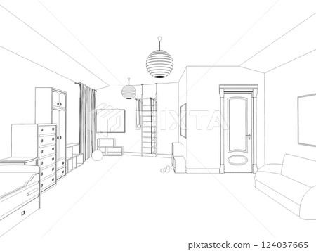 interior contour visualization, 3D illustration, sketch, outline 124037665