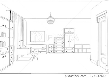 interior contour visualization, 3D illustration, sketch, outline interior contour visualization, 3D illustration, sketch, outline 124037666