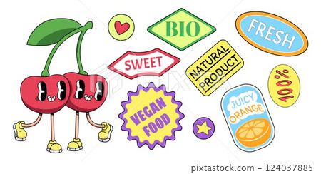 Retro fruit sticker set with quirky shapes Retro fruit sticker set with quirky shapes 124037885