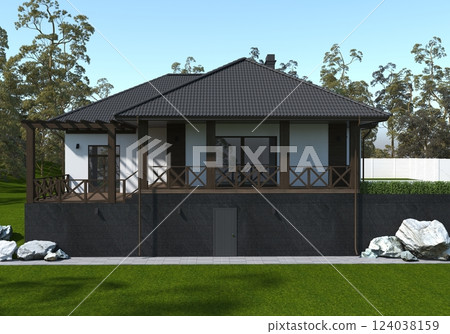exterior of a country house, cottage, visualization, 3D illustration 124038159