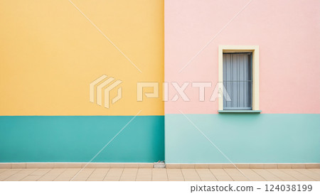 pastel color wall. Beautiful stylish bright building facade background 124038199