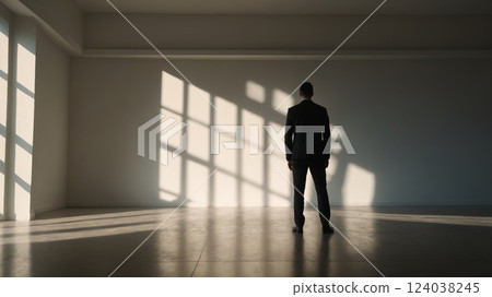 male figure in suit standing in empty white hall in rays of the sun 124038245