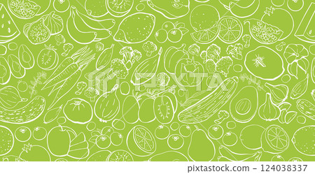Vegan Food Vector Seamless Pattern with Vegetables and Fruits Vegan Food Vector Seamless Pattern with Vegetables and Fruits 124038337