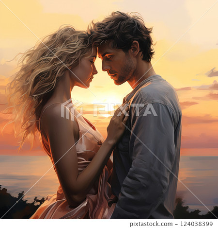 Close-up of a romantic couple embracing at sunset. 124038399
