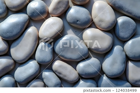 pebble stones on the beach, pebble beach, sea background 124038499