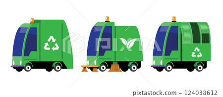 Set of Eco-Friendly Recycling and Garbage Trucks Vector Illustration 124038612