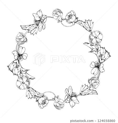 Cloudberry raspberry with white flowers, hand drawn vector ink, ripe Scandinavian forest berry on stems. Isolated botanical wreath crown frame illustration. Restaurant, cafe menu, farmers market 124038860
