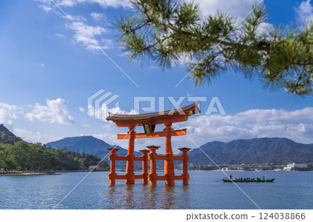 [Miyajima, Hiroshima: Large Torii Gate and Pine Trees] 124038866