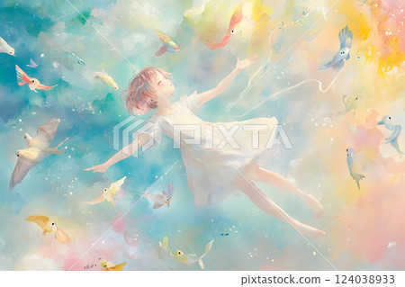 A dreamlike scene of a girl and fish dancing underwater 124038933