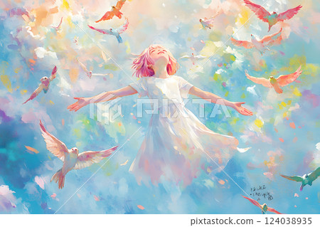 A dreamlike scene of a girl and fish dancing underwater A dreamlike scene of a girl and fish dancing underwater 124038935