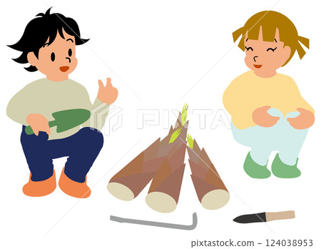 Illustration of children digging for bamboo shoots 03 Illustration of children digging for bamboo shoots 03 124038953