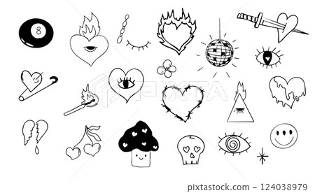 Psychedelic doodle heart barbed wire, with fire and eye, graffiti groovy set. Retro tattoo grunge kit. Disco ball heart with pin, magic eight ball.  124038979