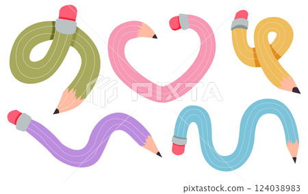 Twisted curved comic pencil doodle sketchy. Line hand drawn simple pencil. Funky flexible school supplies. Trendy writing tool 124038983
