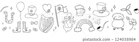 Saint Patrick Day elements decoration doodle border line traditional decorations. Rainbow, harp, coins and lucky clover.  124038984