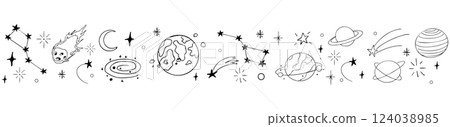 Celestial doodle border, falling star blink divider. Hand drawn ornament with stars, planets, meteorite and moon. Space magic simple decor. 124038985