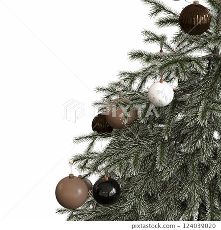 Christmas tree with decorations, isolated on white background, 3D illustration, cg render Christmas tree with decorations, isolated on white background, 3D illustration, cg render 124039020