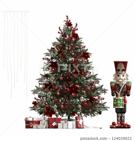 Christmas tree with decorations, isolated on white background, 3D illustration, cg render Christmas tree with decorations, isolated on white background, 3D illustration, cg render 124039022