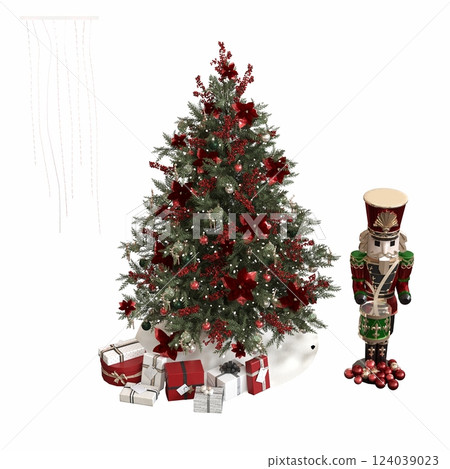 Christmas tree with decorations, isolated on white background, 3D illustration, cg render Christmas tree with decorations, isolated on white background, 3D illustration, cg render 124039023