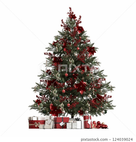 Christmas tree with decorations, isolated on white background, 3D illustration, cg render Christmas tree with decorations, isolated on white background, 3D illustration, cg render 124039024