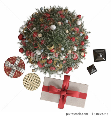 Christmas tree with decorations, isolated on white background, 3D illustration, cg render Christmas tree with decorations, isolated on white background, 3D illustration, cg render 124039034