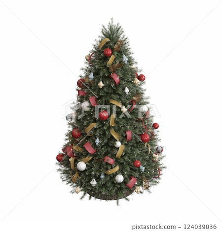 Christmas tree with decorations, isolated on white background, 3D illustration, cg render Christmas tree with decorations, isolated on white background, 3D illustration, cg render 124039036