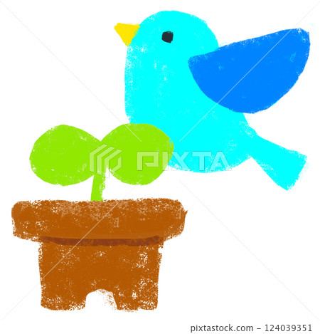 簡單的插圖，蠟筆觸感，小鳥和綠色 124039351
