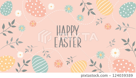 Happy Easter banner with decorated eggs and floral decorations. Minimalist festive design for spring holiday. Cute flat easter greeting card. 124039389