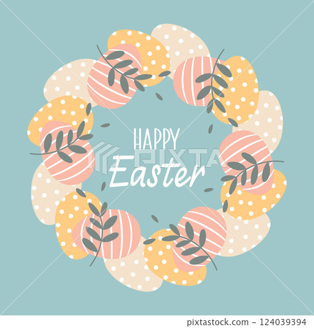 Happy Easter card with decorated eggs wreath and floral elements. Simple illustration. Cute spring greeting card. Happy Easter card with decorated eggs wreath and floral elements. Simple illustration. Cute spring greeting card. 124039394