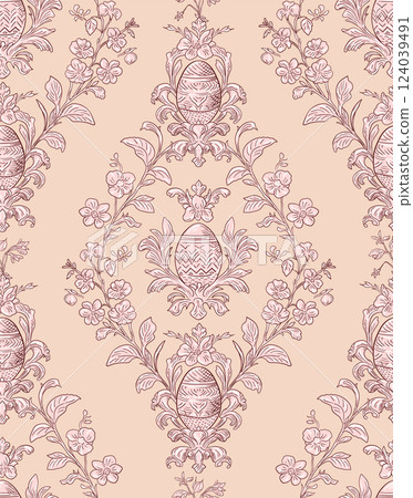 Easter Eggs Spring Elegant Seamless Rococo Floral Pattern for Fabrics, Wallpapers and Packaging 124039491